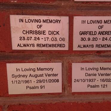 DICK Garfield Andrew 1920-1989 &amp; Chrissie 1924-2006 :: VENTER Danie 1937-2008 :: VENTER Sydney August 1961-2008