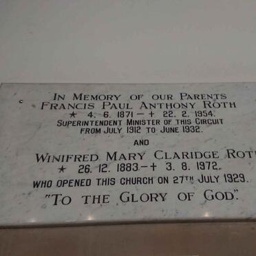 ROTH Francis Paul Anthony 1871-1954 &amp; Winifred Mary Claridge 1883-1929