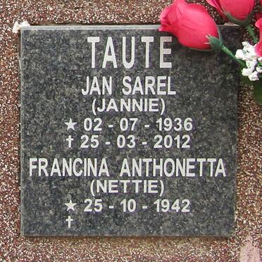 TAUTE Jan Sarel 1936-2012 &amp; Francina Anthonetta 1942-