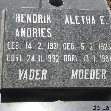 LANGE Hendrik Andries, de 1921-1992 &amp; Aletha E. 1923-1994