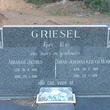 GRIESEL Abraham Jacobus 1916-1991 &amp; Sarah Johanna V.D. MERWE 1919-1991