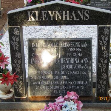 KLEYNHANS Evert Philippus 1953-2011 &amp; Hendrina Ann JORDAAN 1957-