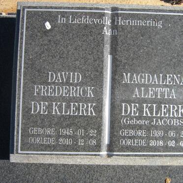 KLERK David Frederick, de 1945-2010 &amp; Magdalena Aletta JACOBS 1939-2018