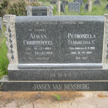 RENSBURG Alwyn Christoffel, Jansen van 1897-1959 &amp; Petronella Elizabetha C. JORDAAN 1906-1964