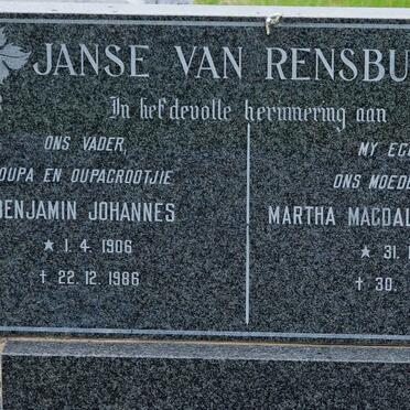 RENSBURG Benjamin Johannes, Janse van 1906-1986 &amp; Martha Magdalena Elizabeth 1905-1985