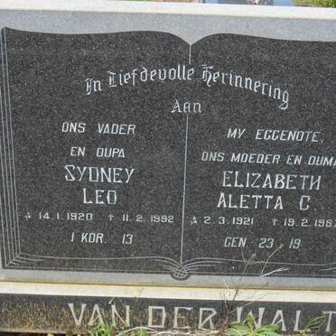 WALT Sydney Leo 1920-1992 &amp; Elizabeth Aletta C. 1921-1987