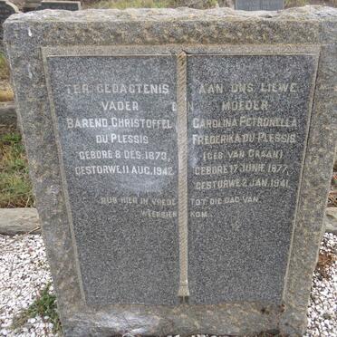 PLESSIS Barend Christoffel, du 1873-1942 & Carolina Petronella Frederika VAN GRAAN 1877-1941 
