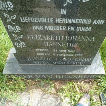 RENSBURG Elizabeth Johanna Hannetjie, Janse van 1937-2005
