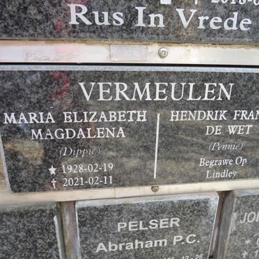 VERMEULEN Hendrik Francois De Wet &amp; Maria Elizabeth Magdalena 1928-2021
