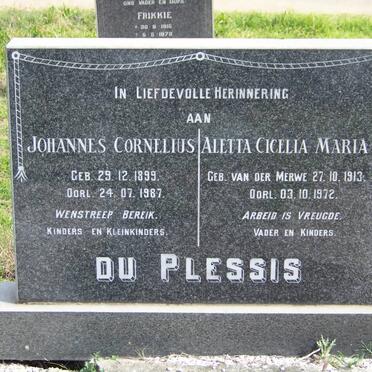 PLESSIS Johannes Cornelius, du 1899-1987 &amp; Aletta Cicelia Maria VAN DER MERWE 1913-1972
