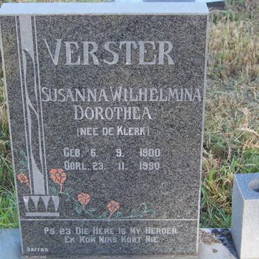 VERSTER Susanna Wilhelmina Dorothea nee DE KLERK 1900-1990