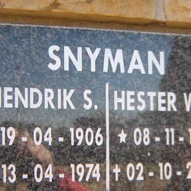 SNYMAN Hendrik S. 1906-1974 &amp; Hester W.C. 1910-2004