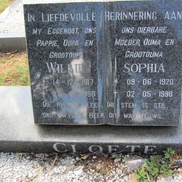CLOETE Willie 1917-1990 &amp; Sophia 1920-1998
