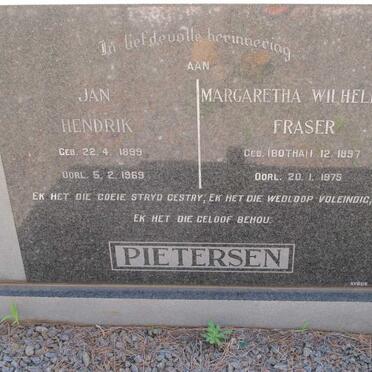 PIETERSEN Jan Hendrik 1899-1969 &amp; Margaretha Wilhelmina FRASER nee BOTHA formerly PIETERSEN 1897-1975