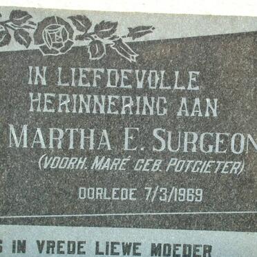 SURGEON Martha E. formerly MARÉ nee POTGIETER -1969