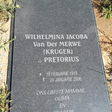 MERWE Wilhelmina Jacoba, van der formerly KRUGER nee PRETORIUS 1919-2006
