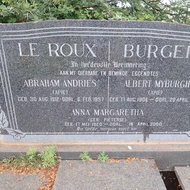 ROUX Abraham Andries, le 1912-1957 &amp; Anna Margaretha PIETERSE 1920-2000 :: BURGER Albert Myburgh 1906-1967