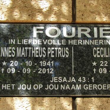 FOURIE Johannes Mattheus Petrus 1941-2012 &amp; Cecilia Johanna 1939-2012