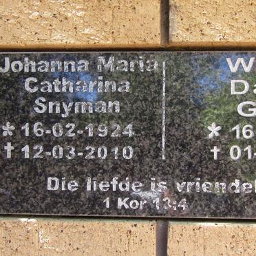 GOUS Willem Daniel 1913-2012 &amp; Johanna Maria Catharina SNYMAN 1924-2010