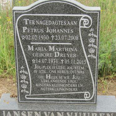 VUUREN Petrus Johannes, Jansen van 1930-2008 & Maria Marthina DREYER 1931-2015