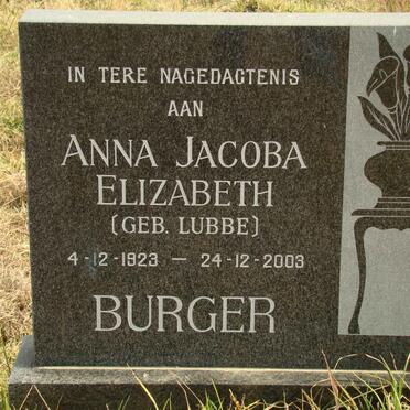 BURGER Anna Jacoba Elizabeth nee LUBBE 1923-2003