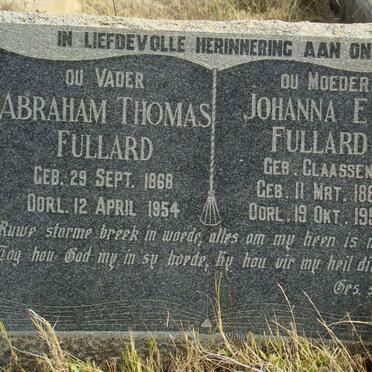 FULLARD Abraham Thomas 1868-1954 &amp; Johanna E.S. CLAASSEN 1881-1956