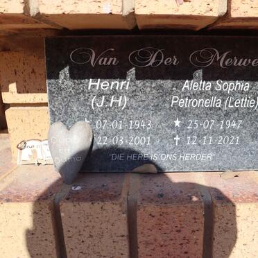MERWE J.H., van der 1943-2001 & Aletta Sophia Petronella 1947-2021