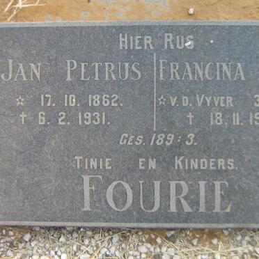 FOURIE Jan Petrus 1862-1931 &amp; Francina Aletta V.D. VYVER 1879-1955