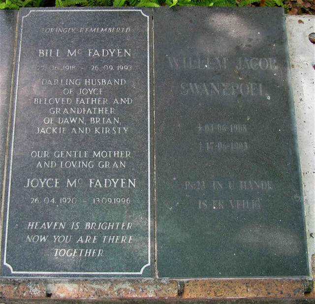 Mc FADYEN Bill 1918-1993 & Joyce 1920-1996 :: SWANEPOEL Willem Jacob 1908-1993