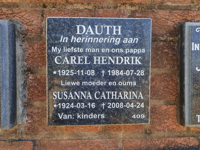 DAUTH Carel Hendrik 1925-1984 & Susanna Catharina 1924-2008