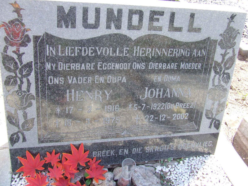 MUNDELL Henry 1916-1975 & Johanna DU PREEZ 1922-2002