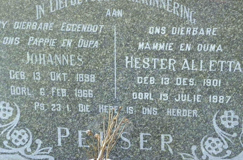 PELSER Johannes 1898-1966 & Hester Aletta 1901-1987