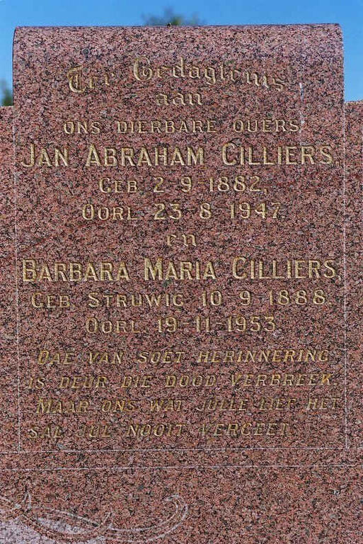 CILLIERS Jan Abraham 1882-1947 & Barbara Maria STRUWIG 1888-1953