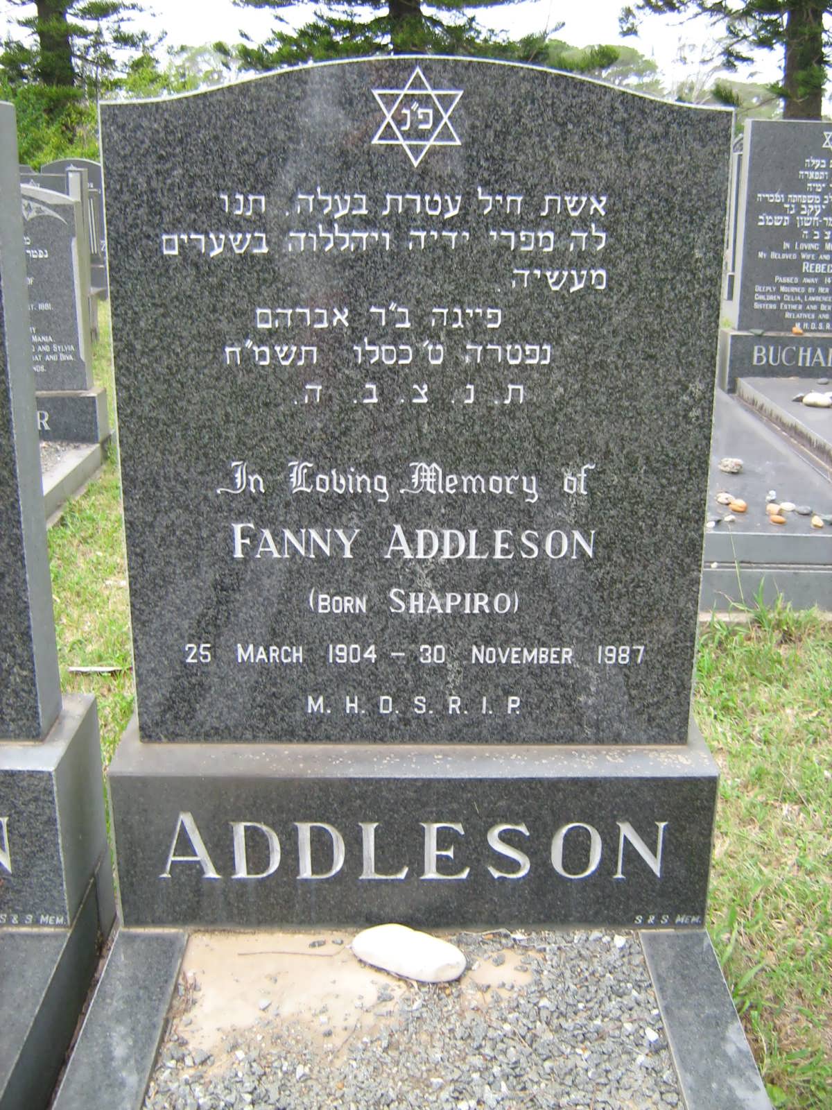 ADDLESON Fanny born SHAPIRO 1904-1987