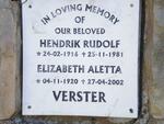 VERSTER Hendrik Rudolf 1916-1981 & Elizabeth Aletta 1920-2002