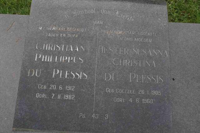 PLESSIS Christiaan Phillippus, du 1912-1982 & Hester Susanna Christina COETZEE 1905-1960