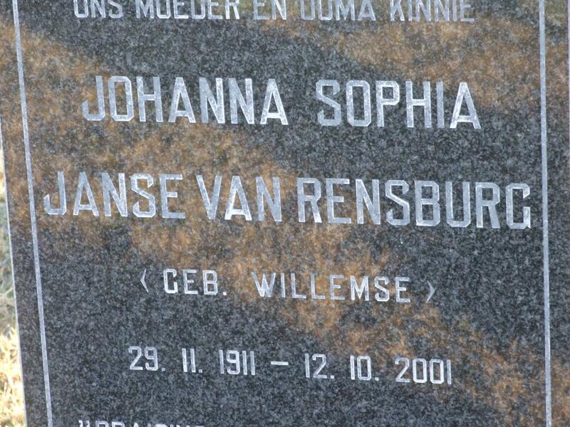 RENSBURG Johanna Sophia, Janse van nee Willemse 1911-2001