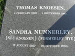 KNOESEN Thomas 1925-1997 :: NUNNERLEY Sandra formerly HYE nee KNOESEN 1957-2003