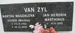 Zyl Jan Hendrik Marthinus, van 1925- & Martha Magdalena VISSER 1952-2002