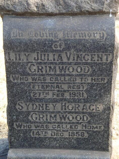 GRIMWOOD Sydney Horace -1958 & Lily Julia Vincent -1931
