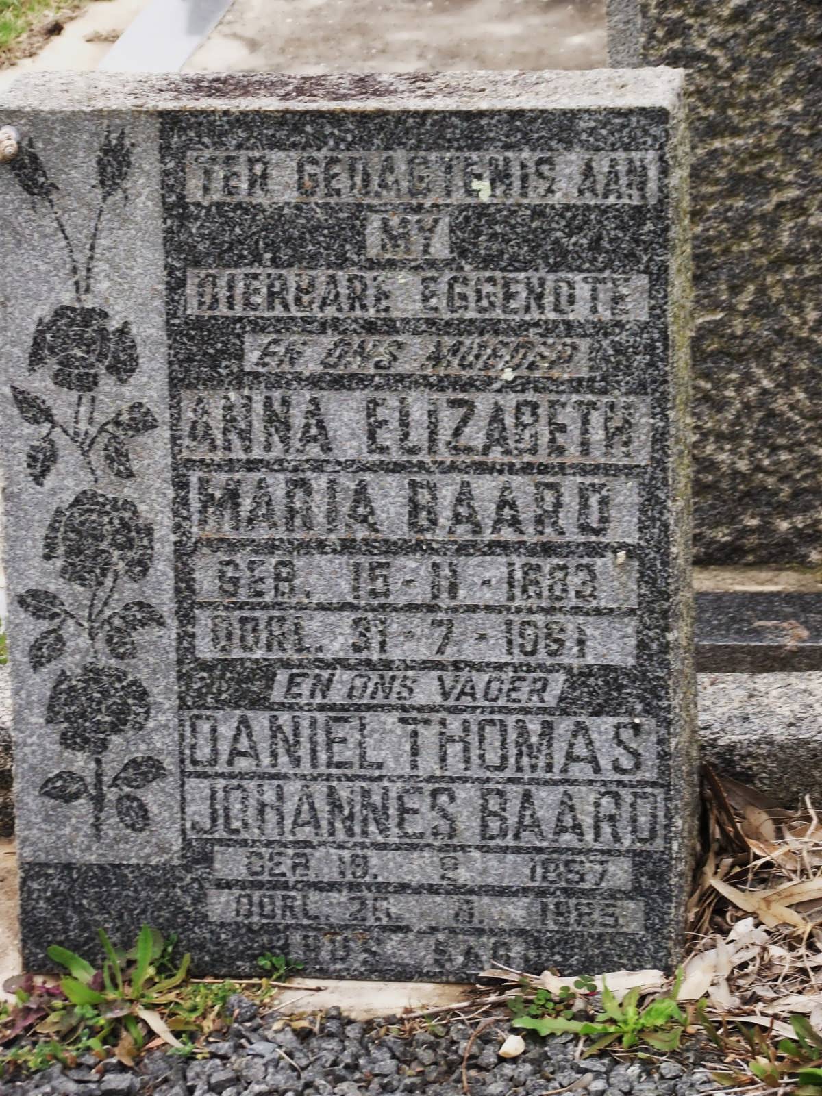 BAARD Daniel Thomas Johannes 1887-1985 & Anna Elizabeth Maria 1883-1961