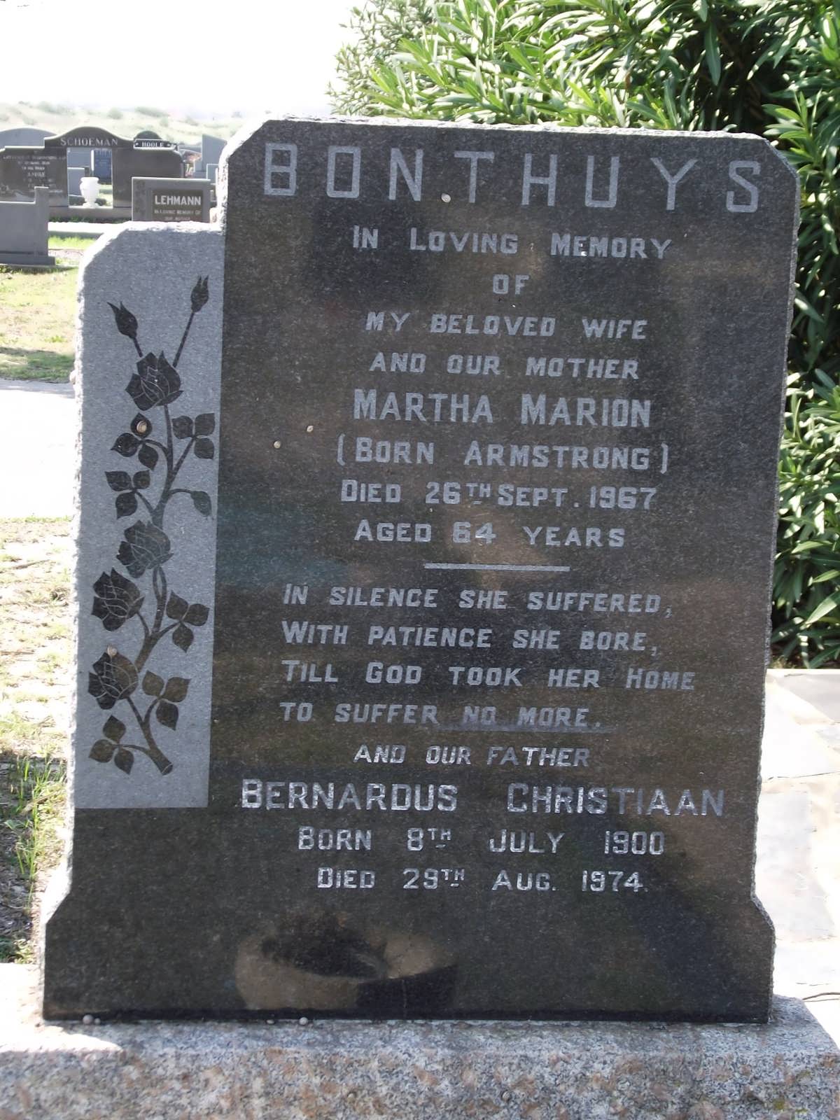 BONTHUYS Bernardus Christiaan 1900-1974 & Martha Marion ARMSTRONG -1967