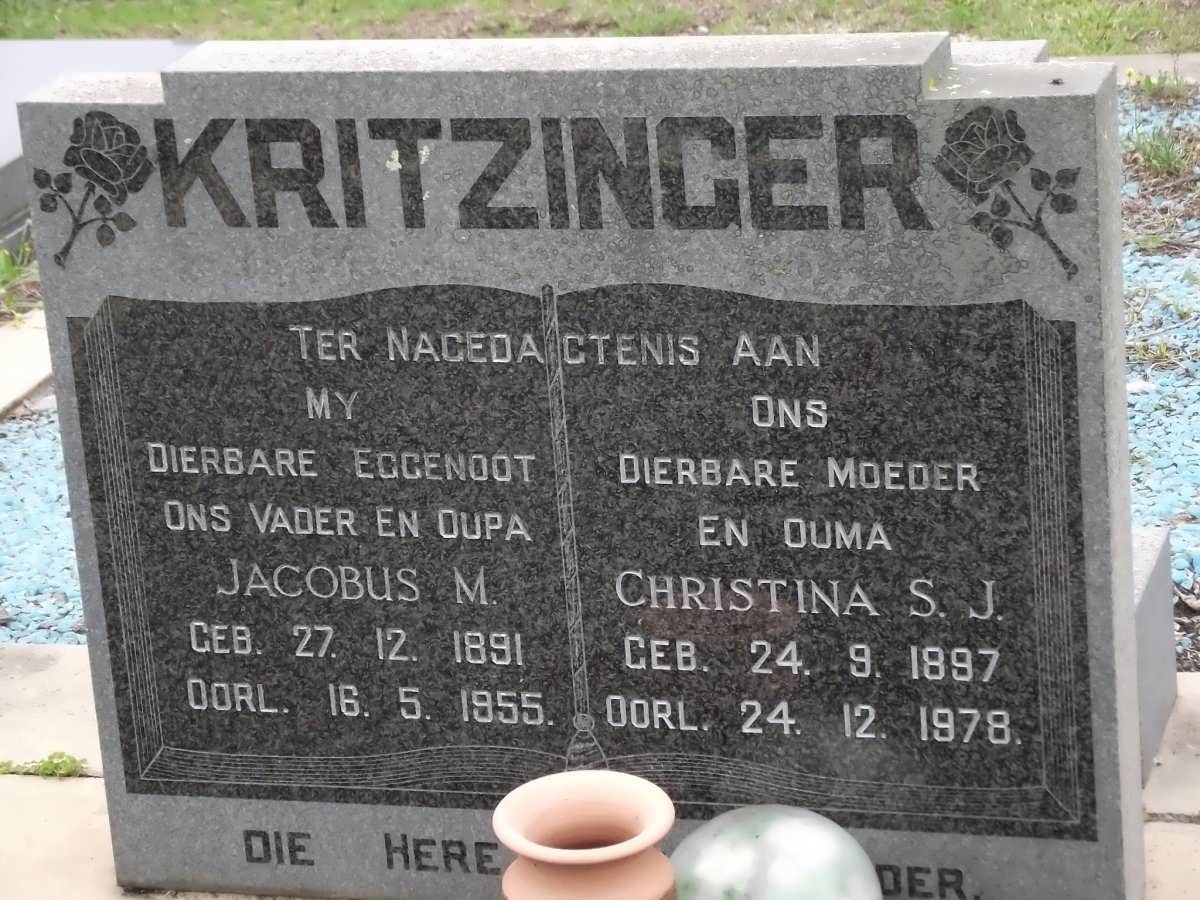 KRITZINGER Jacobus M. 1891-1955 & Christina S.J. 1897-1978