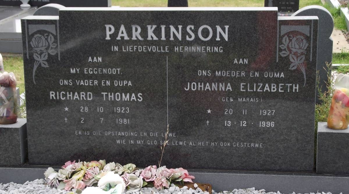 PARKINSON Richard Thomas 1923-1981 & Johanna Elizabeth MARAIS 1927-1996