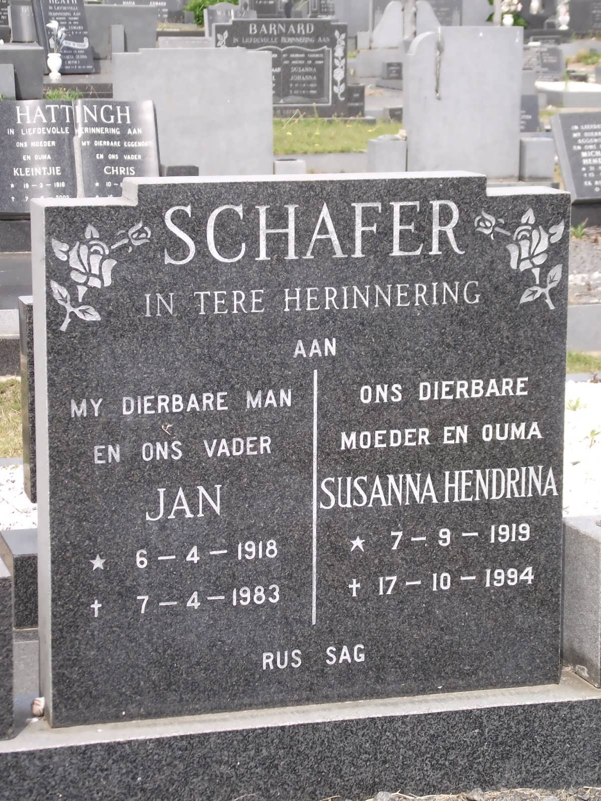 SCHAFER Jan 1918-1983 & Susanna Hendrina 1919-1994