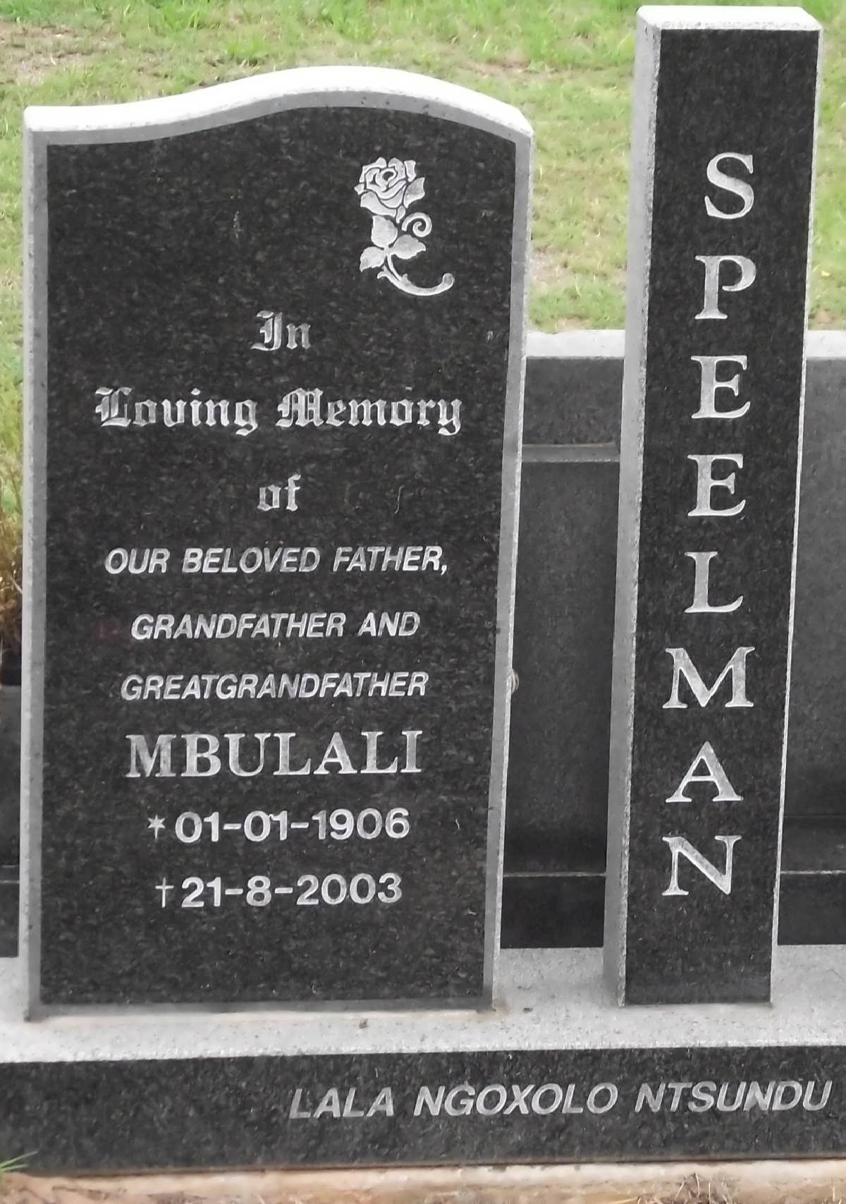 SPEELMAN Mbulali 1906-2003