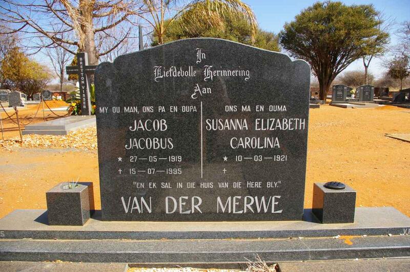 MERWE Jacob Jacobus, van der 1919-1995 & Susanna Elizabeth Carolina 1921-