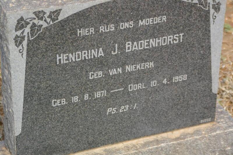 BADENHORST Hendrina J. nee van NIEKERK 1871-1958