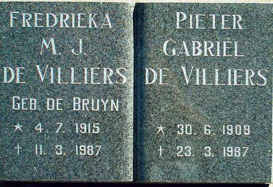VILLIERS Pieter Gabriel, de 1909-1987 & Fredrieka M.J. DE BRUYN 1915-1987