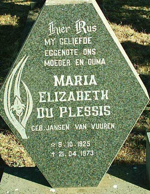 PLESSIS Maria Elizabeth, du nee JANSEN VAN VUUREN 1925-1973